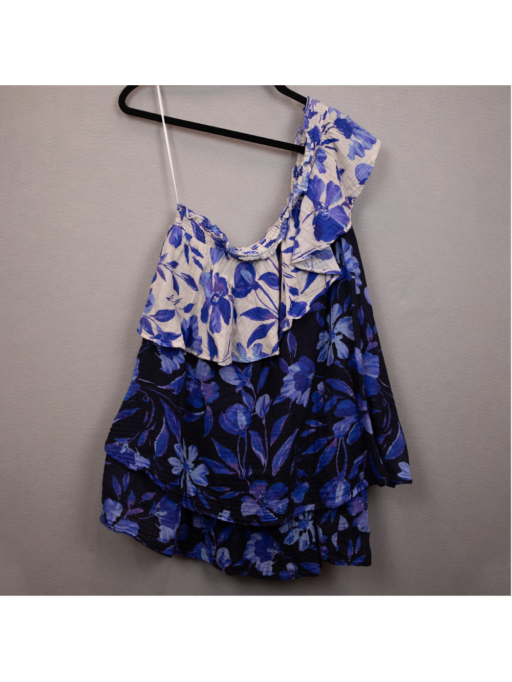 Anthropologie floral one-shoulder ruffle blue and white mini dress-M